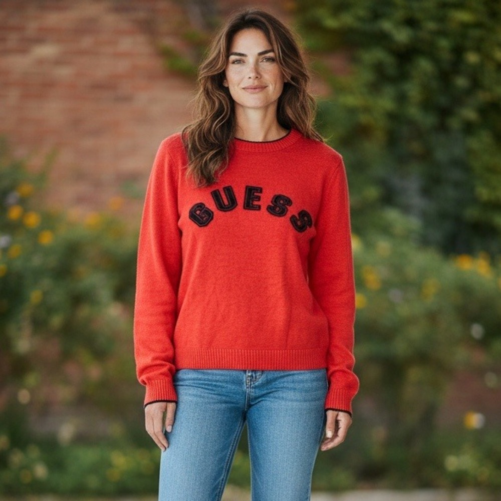 VTG Guess‎ Jeans Red Crew Neck Long Sleeve Sweater Black Logo Size S NEW